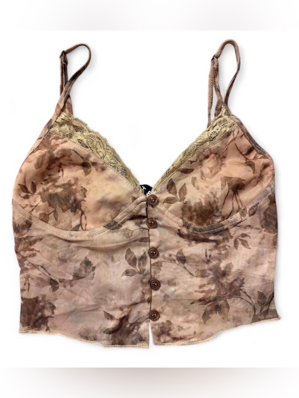 Motel Brown Floral Lace Cami Top Button Size S